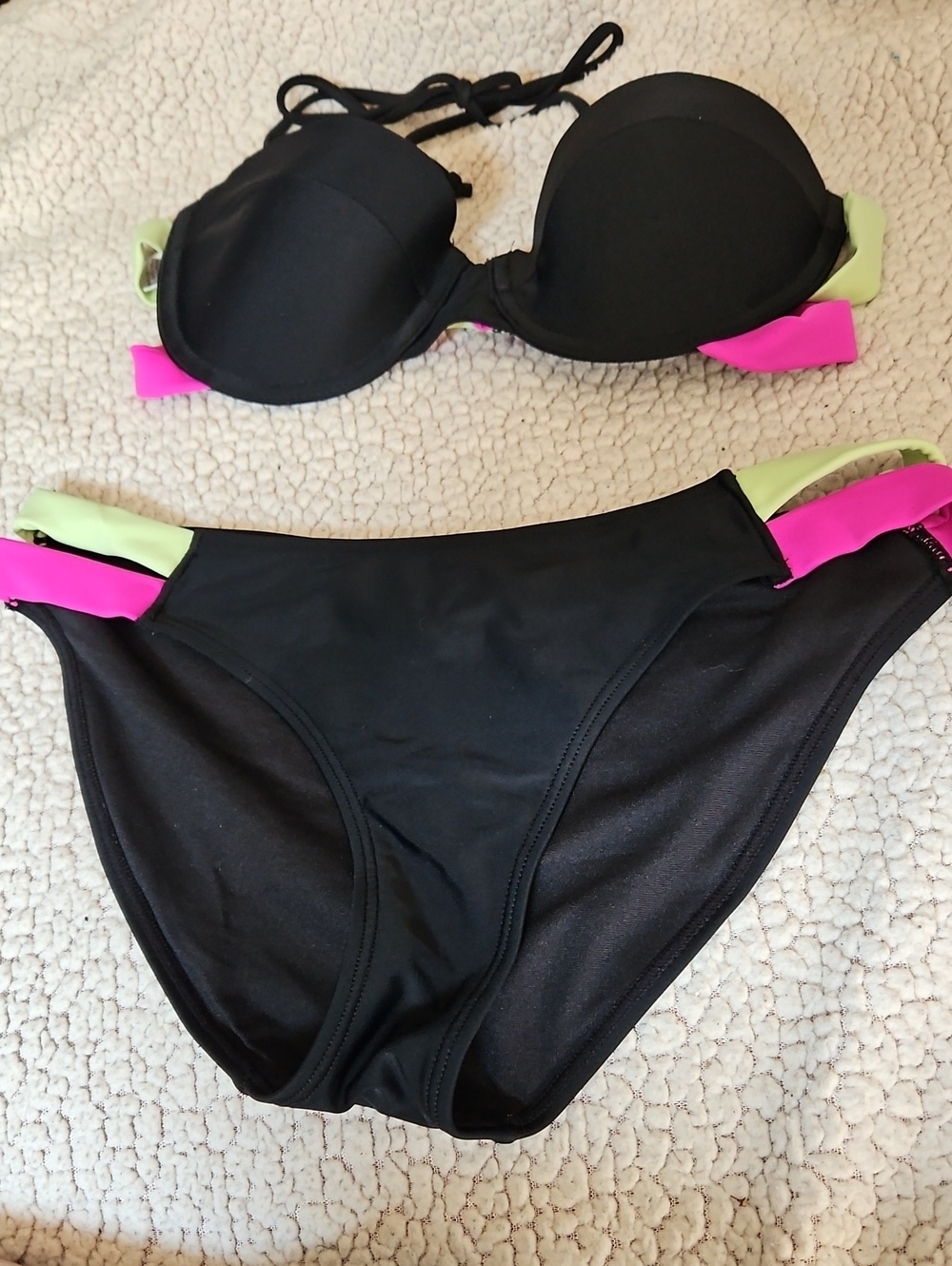 Women's Black Push-Up Bikini Set with Pink & Lime Accents - Size S